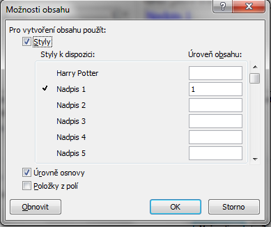 Tvorba obsahu možnosti zapsáním čísla ke konkrétnímu stylu mu