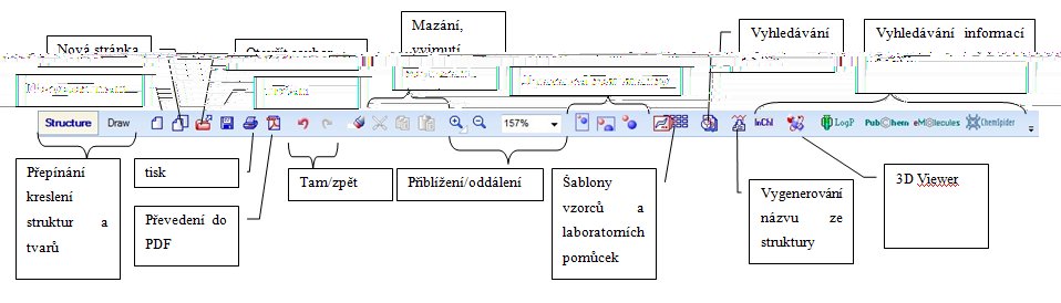 Obr.5 První panel nástrojů Základem funkcí v ChemSketch je, a toto si pamatujte, přepínací tlačítko.
