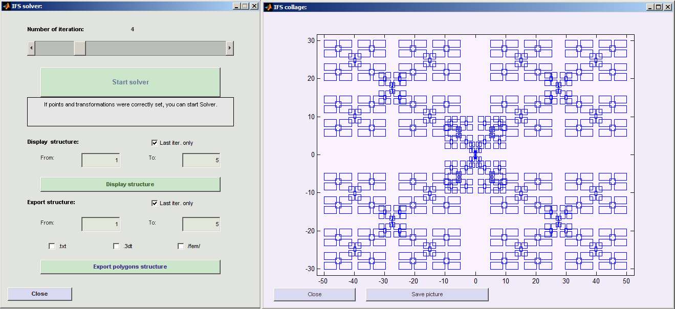 Nástroj pro modální analýzu FPA 3.2. AntTool PolyX : α 1 α 2 0 β 1 β 2 0 γ 1 γ 2 0 Poly(X + 1) :. Obrázek 3.8: AntTool: Řešič a výsledný fraktál 3.2.3 Připojení ke Comsolu Tabulka 3.
