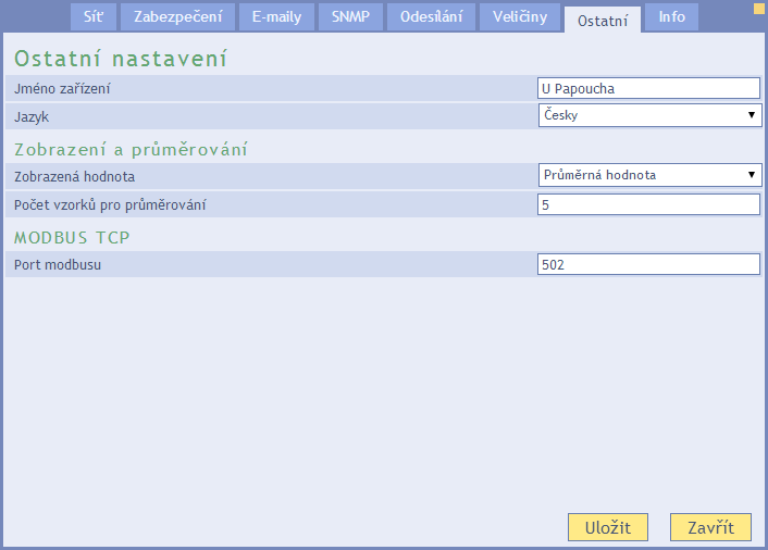 O s t a t n í Zde se nastavuje jméno zařízení, jazyk, port pro MODBUS a nastavení typu zobrazení. Jméno zařízení obr.