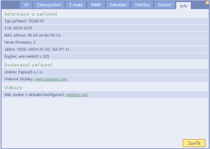 TX20ETH I n f o Tento panel není konfigurační, ale obsahuje různé informace o zařízení, například MAC adresu. Odkazy obr.