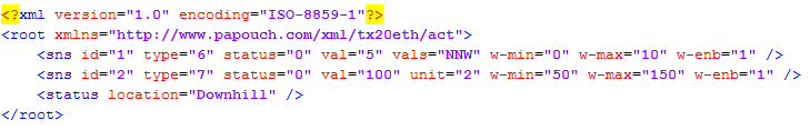 X M L s o u b o r Z TX20ETH je možné získat právě naměřené hodnoty, nastavené meze a název zařízení v textovém souboru ve formátu XML. Soubor je přístupný na adrese http://[ip-adresa]/fresh.