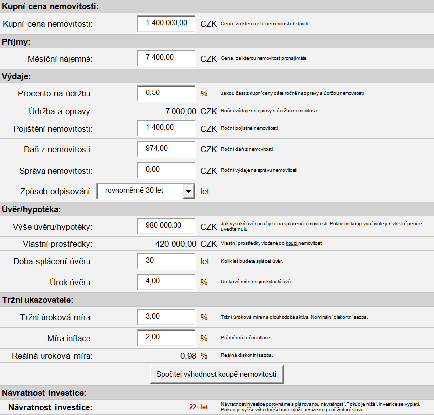 Tab. 52 Parametry investice Zdroj: Výpočet ekonomické efektivnosti pro koupi nemovitosti na investici Přehledové tabulky Tab.