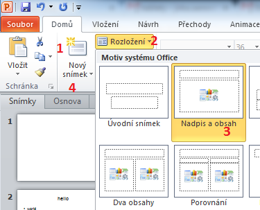 3) Návrh Grafickou podobu snímku, orientace na šířku nebo výšku a další nastavení najdeme v kartě Návrh. 4) Přechody Při přepínání mezi jednotlivými snímky můžeme vložit animované přechody.