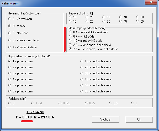 výpočet zatěžovacích proudů podle detailů způsobu uložení. 5.1.10.2. Zatěžovací proudy kabelů v zemi Zatěžovací proudy kabelů v zemi jsou v databázi uvedeny pro měrný tepelný odpor půdy 0,7 K.