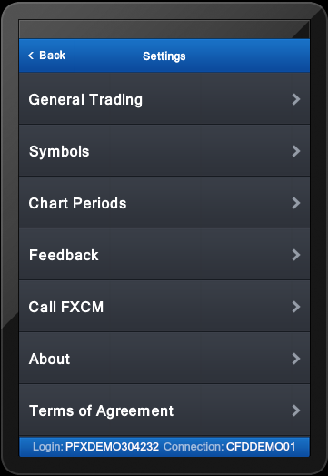 13. Settings (Nastavení) Okno Settings obsahuje možnosti pro nastavení obchodní aplikace.