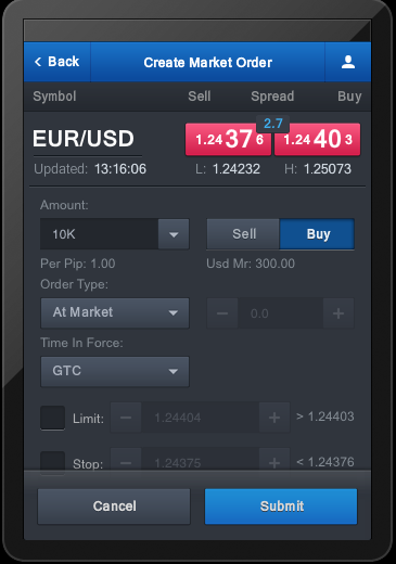 Po kliknutí na tlačítko směnného kurzu daného instrumentu, který lze vybrat v levém rohu obrazovky kliknutím na šipku vpravo od instrumentu, se objeví okno Create Market Order.