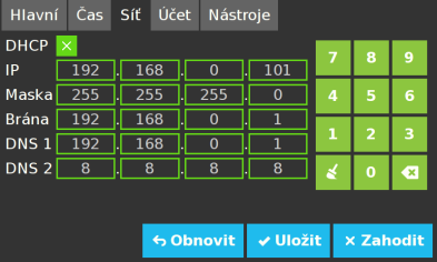 Na záložce Čas nastavíte časovou zónu, čas a datum jsou nastaveny automaticky. Záložka Síť, nastavení parametrů sítě. Při volbě DHCP se všechny parametry nastaví automaticky.