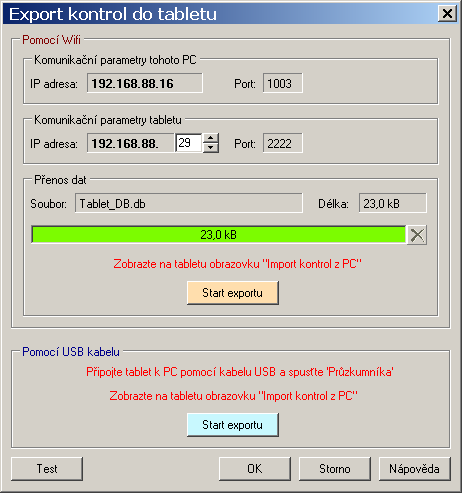 Obr. 3.6 Okno export kontrol do tabletu Tato IP adresa a port se zadají do editačních polí v rámečku Komunikační parametry tabletu.