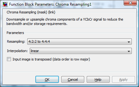Komprese obrazu Bloky Chroma Resampling nastavíme dle následujících obrázků (Obr.9.8). Parametr Resampling vstupního bloku ponecháme defaultně nastavený na hodnotu 4:4:4 to 4:2:2.
