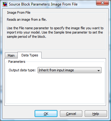 Základy práce s obrazem Obr..0 Nastavení vstupních parametrů bloku Image From File. Parametr Filename je url cesta obrázku, pokud se nenachází přímo v základním adresáři Matlabu.