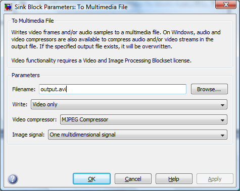 Základy práce s obrazem Nastavení vstupních parametrů bloku To Multimedia File provedeme dle Obr..24. V jednotlivých záložkách provedeme následující nastavení.