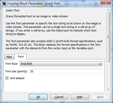 Základy práce s obrazem Obr..30 Nastavení bloku Insert Text v záložky main. V záložce Font nastavíme parametr Font face, který udává typ písma, na hodnotu Arial Bold.