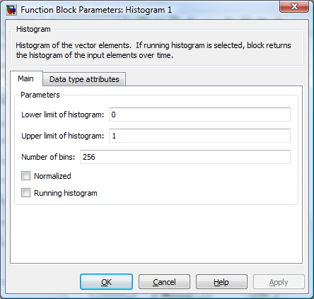 Korekce obrazu a histogram Obr. 2.6 Nastavení vstupních parametrů bloku Image From File. Vlevo nastavení v záložce Main, vpravo nastavení v záložce Data Types. V bloku Histogram nastavíme dle Obr.2.7 Parametr Lower limit of histogram nastavíme na hodnotu 0, parametr Upper limit of histogram nastavíme na hodnotu a parametr Number of bins nastavíme na hodnotu 256.