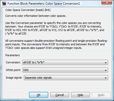 Korekce obrazu a histogram Obr. 2.8. Vlevo nastavení parametrů bloku Color Space Conversion pro vstupní signál, vpravo nastavení pro výstupní signál.