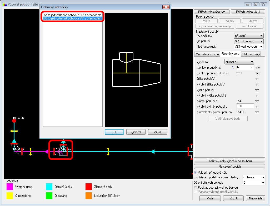 Pokud jsou u odboček různé dimenze, tak se automaticky nabízejí ke vložení pouze přechodové odbočky.