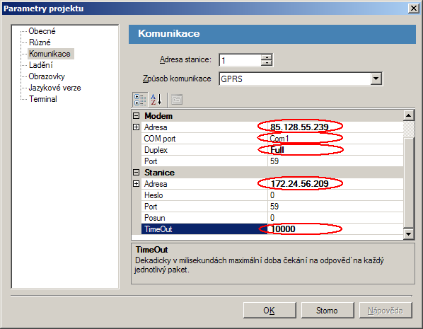 Otevře se okno Parametry projektu se zvolenou položkou Komunikace ve které vyberte z rozvinovacího menu Způsob komunikace položku GPRS. Obr.