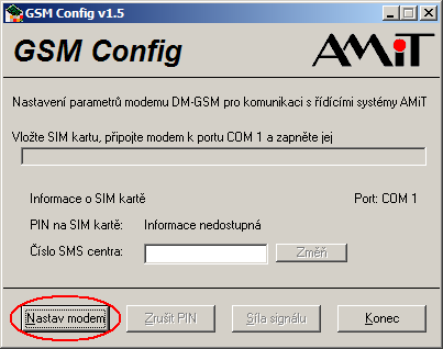 2.2. HW parametrizace Před prvním použitím musí být v modemu nastaveny komunikační parametry. Nastavení se provádí pomocí programu GSM Config verze 1.4 a vyšší. Program je volně dostupný na www.amit.