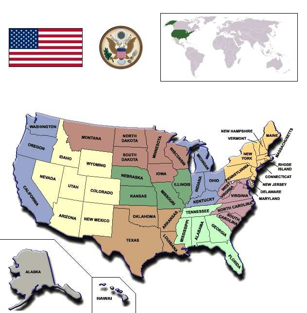 USA Hl. město: - Washington D.C. (District of Columbia) Columbia) Počet obyvatel: - 300 milionů - 3. nelidnatější stát Rozloha: - 9 372 614 km2-4.