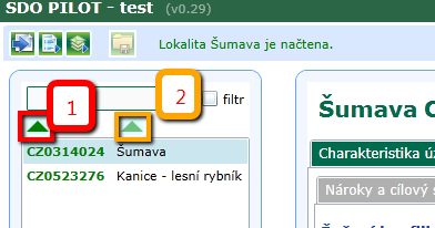 3.1.2 Filtrování seznamu lokalit Filtr umožňuje omezit zobrazené lokality EVL na ty jejichž název a nebo sitecode začíná stejnými znaky zadanými do textového pole(1).