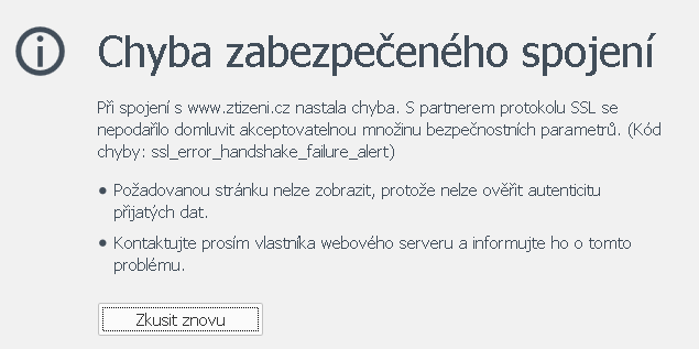 načtení certifikátu. Certifikát je nutné v tomto případě znovu naimportovat.