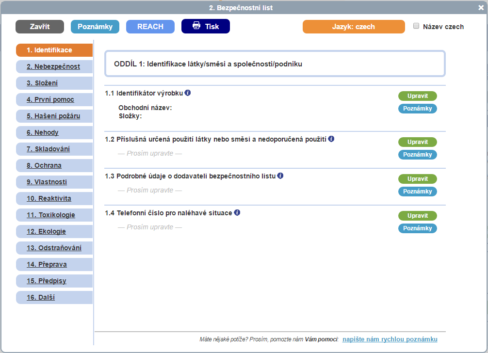 2.1.2 Bezpečnostní list 2.1.2.1 Bezpečnostní list základní obrazovka 1.