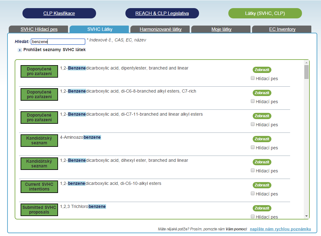 4 Látky (SVHC, CLP) V této kapitole je popsána práce s databázemi chemických látek obsažených v nástroji TECHEM COMPASS. 4.1 SVHC Látky 4.1.1 Vyhledávání SVHC látek 1.