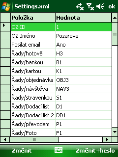 Změna dole vlevo na liště tl. Změnit, poté vyberte šipkou položku, zadejte její hodnotu a poté dole vlevo na liště Ulož hodnotu, změněná hodnota se uloží. 6.