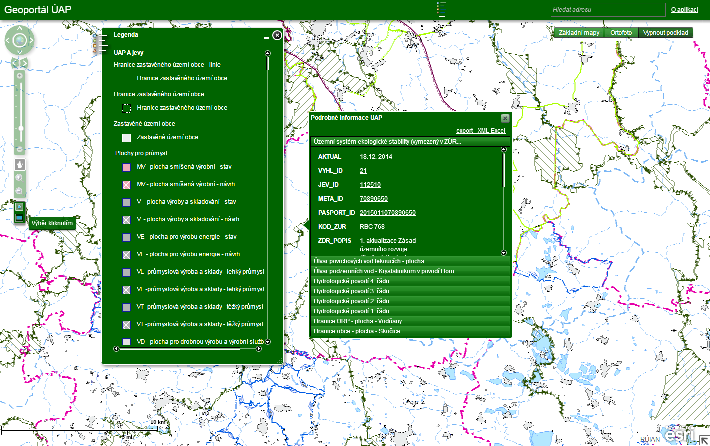 vypsány podrobné informace o prvcích vyskytujících se v mapě. Zobrazené informace je možné exportovat do formátu, který je zobrazitelný v tabulkovém procesoru, např. MS Excel.