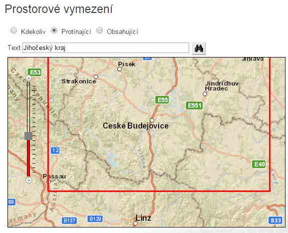 obr. Grafické možnosti zadávání vyhledávání Jakmile je prostorové vymezení včetně režimu vyhodnocení zadáno, jsou po stisku tlačítka hledej navráceny požadované výsledky.