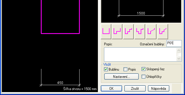 Vkládání překladu Základní ovládací panel - Geometrie Jestliže je otvor vložen CADKONem, automaticky se načte kóta nadpraží a úprava nadpraží.