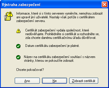 Odstranění vyskakující výstrahy zabezpečení Server https://mawis.hrdlicka.cz má vystaven certifikát zabezpečení od certifikační agentury CA Czechia.