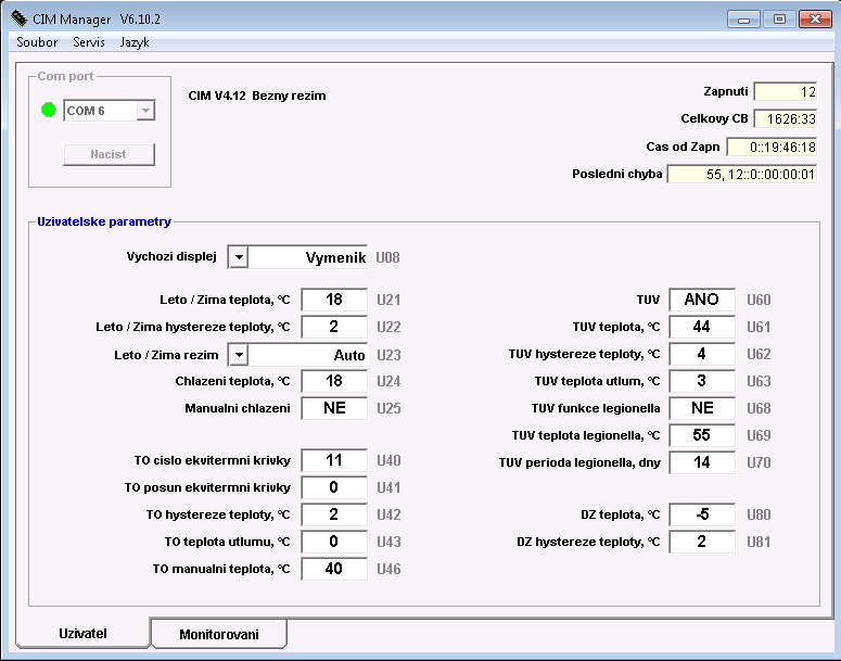 CIM Manager nastavení parametrů, monitorování systému Záložka - Uživatel slouží k nastavení základních uživatelských parametrů Com Port - volba portu pro spojení s počítačem Výchozí displej U08 -