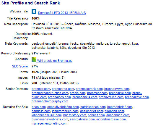 40 Vlastní práce Obr. 10 Profil a hodnocení webové stránky CK Brenna (Zdroj: http://www.domaintools.