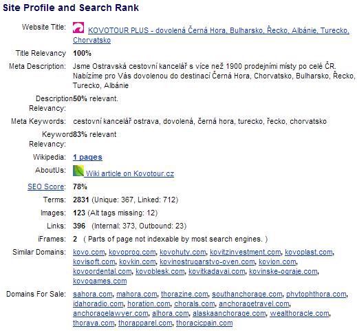 50 Vlastní práce Obr. 16 Profil a hodnocení webové stránky CK Kovotour Plus (Zdroj: http://www.domaintools.