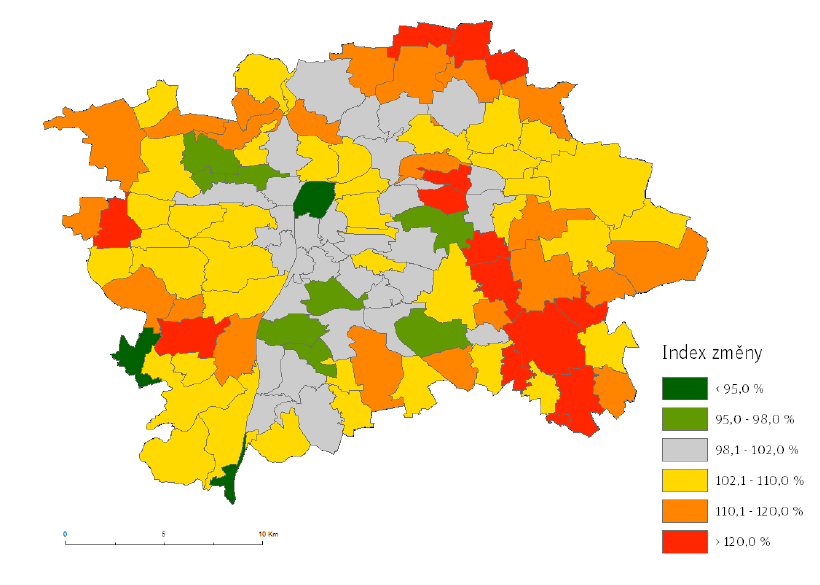 Kartogram 2 Prognóza vývoje indexu změny počtu obyvatel pražských BUC* mezi lety 2014 a 2020 zdroj: IPR: Sekce strategií a politik: Demografie, bydlení a veřejná vybavenost: Demografie Analýza a