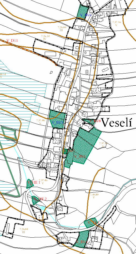 k.ú. Veselí V_BV 1, 4, 5, 6, 7, 8 Plocha pro bydlení v rodinných domech venkovského typu na jižním a severním