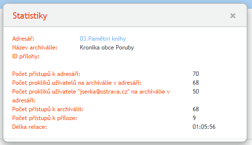 8.2 Tlačítko Statistiky Po kliknutí na tlačítko se zobrazí okno, poskytující přehled statistiky přístupu k archiválii: Uživatel se má takto možnost dozvědět, jaký je o konkrétní dokument zájem: -