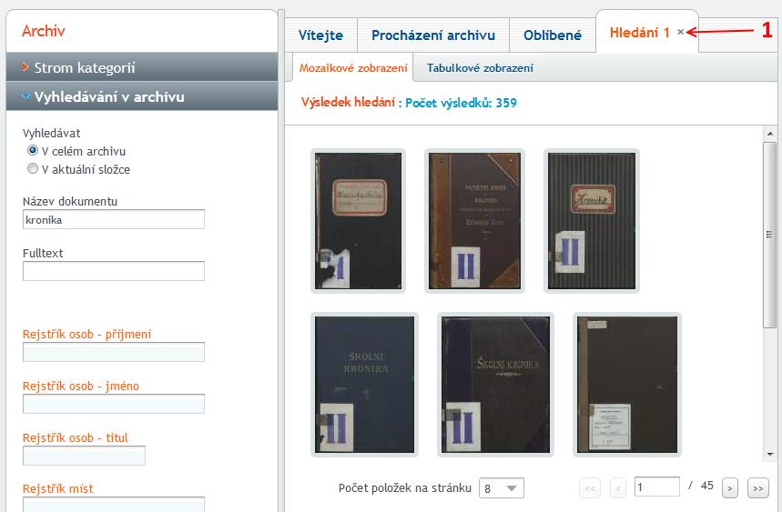 Výsledek vyhledávání se vždy zobrazí na samostatné záložce (1), kde lze s jednotlivými položkami pracovat identickým způsobem jako