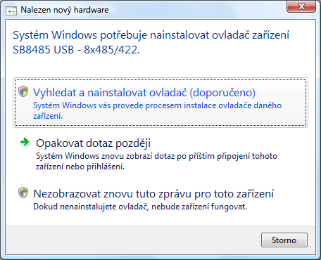 SB8485 INSTALACE Po připojení SB8485 se nainstaluje interní USB rozbočovač a poté pro každý port nejdřív USB ovladač, a poté také virtuální sériový port, který umožní přistupovat ke každému ze