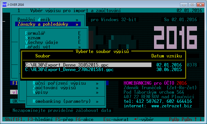 Takto jsou zobrazeny soubory splňující podmínku při Windows zobrazení. Následně se zobrazí importované výpisy jako kontrolní tisková sestava.