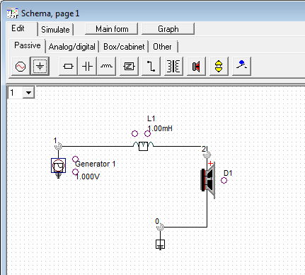 Obr. 3.4: Spojení součástek. které program vygeneroval. Přepneme se zpět do editačního módu a přidáme další reproduktor s výhybkou typu horní propust.