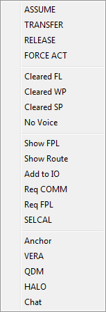 Menu letadla Menu letadla se zobrazí kliknutím pravým tlačítkem na label, nebo kliknutím pravým tlačítkem na flightstrip vybraného letadla.
