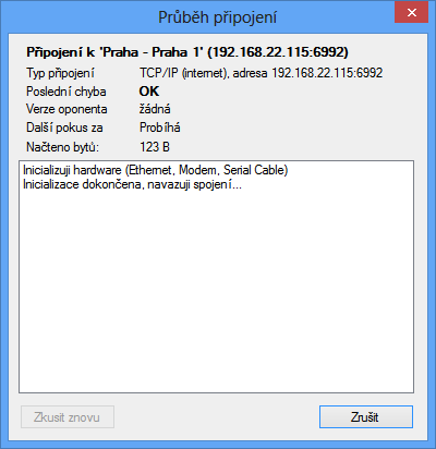 Obsah Po automatickém nebo ručním spuštění připojování k ústředně je zobrazeno okno z obrázku níže ( Obrázek Pohled na dialog připojování k ústředně), které informuje o průběhu připojování.