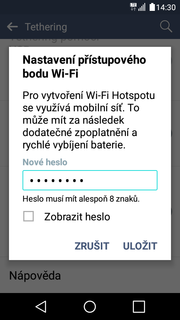 Zap./Vyp. přístupového bodu 1. V menu stisknete ikonu Nastavení. 2. V záložce Sítě zvolíte Tethering. 3.