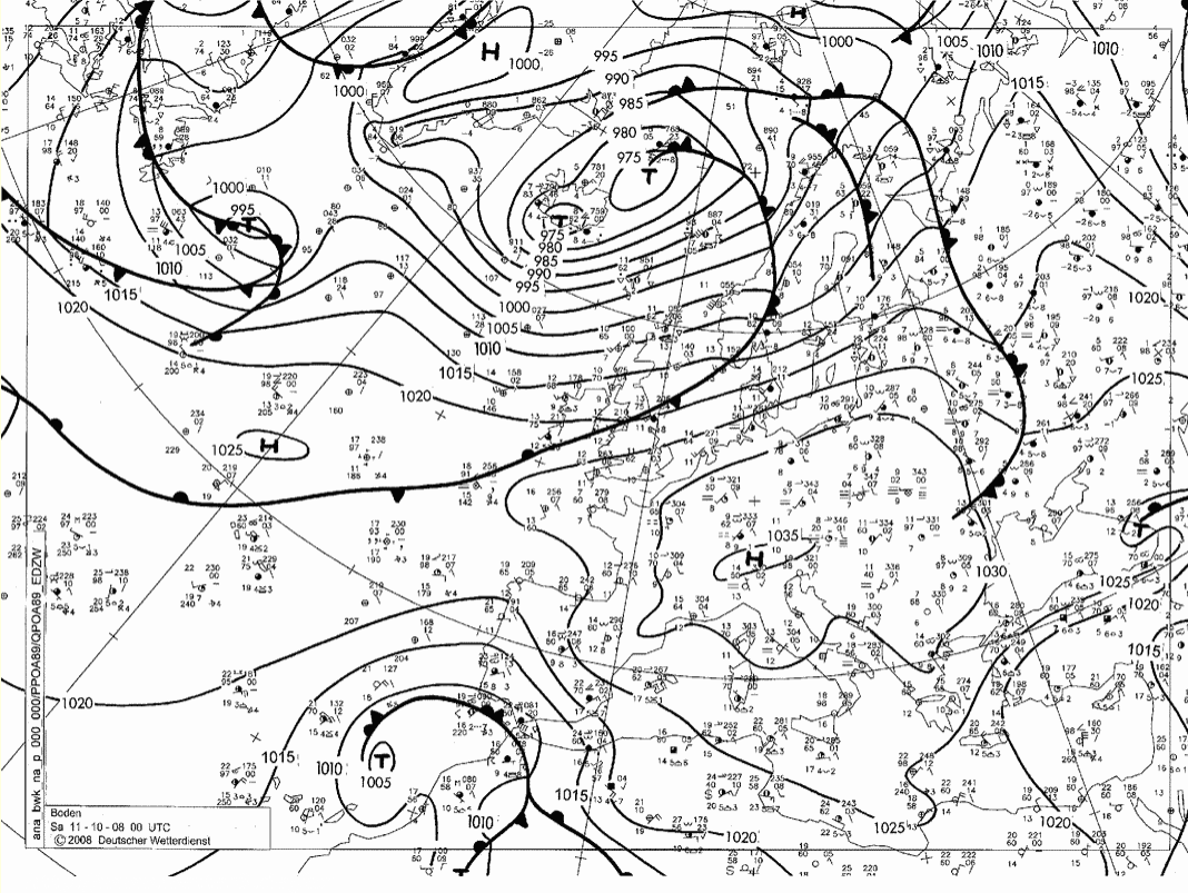 Příloha 4 Mapa přízemní synoptické situace Německé předpovědní