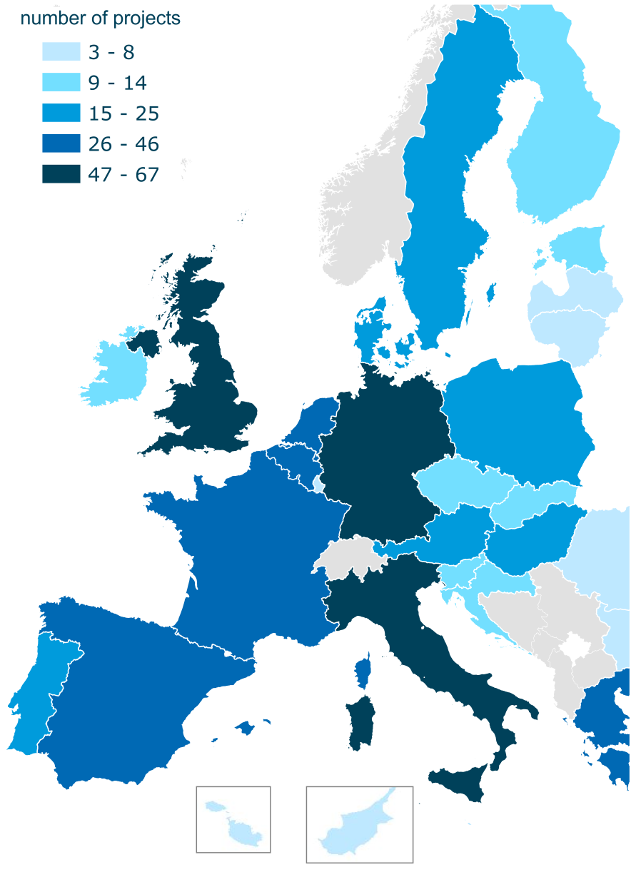 Počet financovaných projektů v zemích EU-28 Country Projects Teams EC contrib. ( mil.