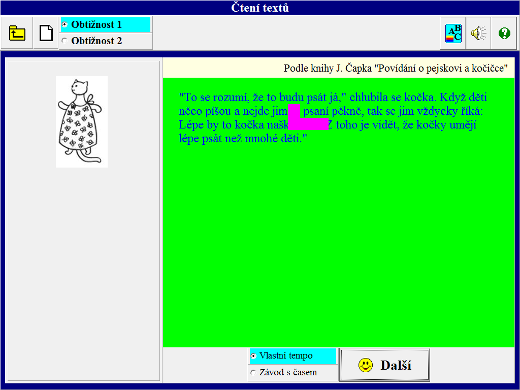 2.5. ČTENÍ TEXTŮ Nabídka oddílu "Čtení textů" je již podřízena porozumění čtenému a povzbuzení zájmu o psaný text a literaturu vůbec.