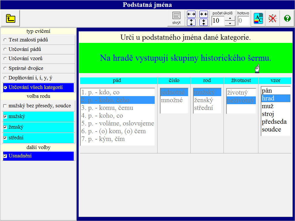 obr.3: ukázka cvičení "Určování všech kategorií" 4.2. Slovesa 1. Určování (viz obr.