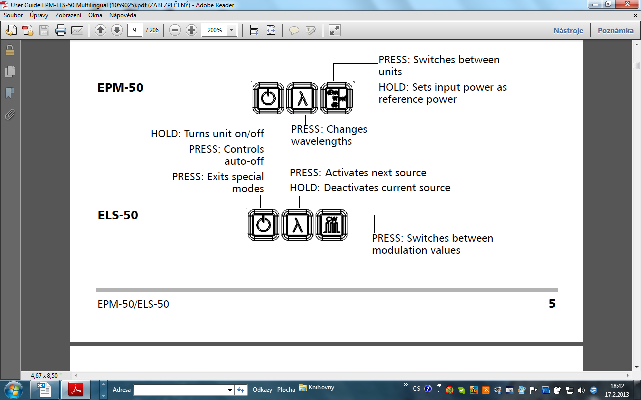 Popis displeje EPM-50 kde power meter wavelength je nastavená vlnová délka měřiče v nm reference power nastavené referenční napětí na měřiči (v dbm) source modulation je nastavená modulace na zdroji